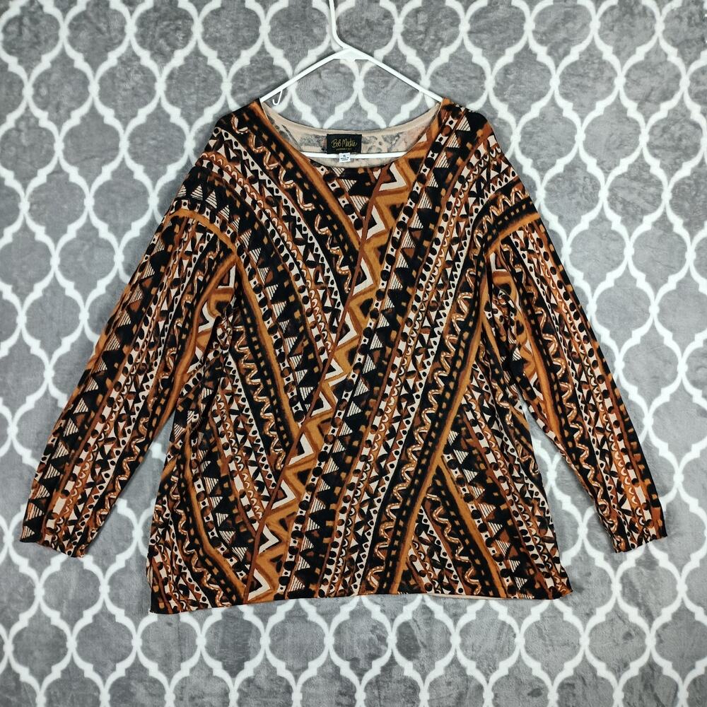 Bob Mackie Top Women XL Brown‎ Black Tribal Print V Neck Long Sleeve Sweater